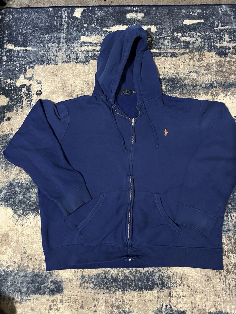 Size 2XL-Vintage Polo Ralph Lauren Zip Up Hoodie Blue Distressed Orange Pony